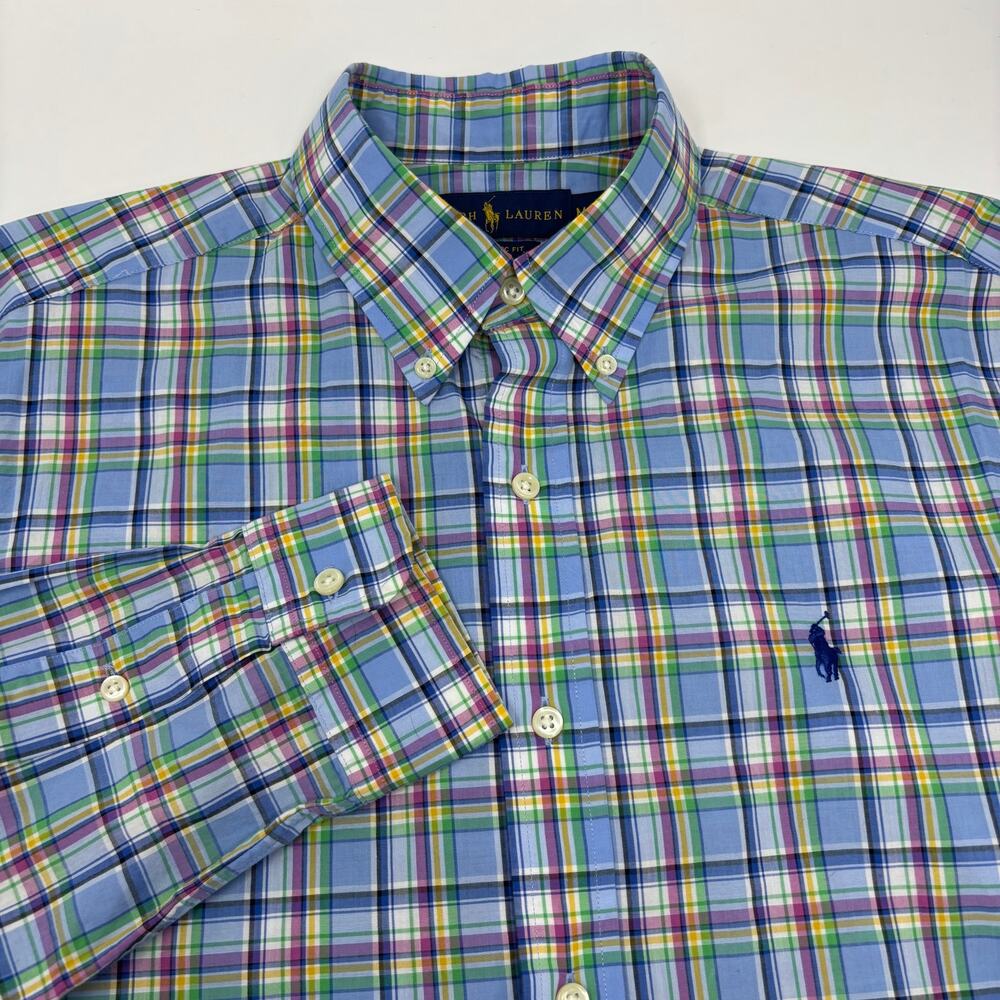 Ralph Lauren Medium Blue Green Multicolor Plaid Long Sleeve Button Down Shirt